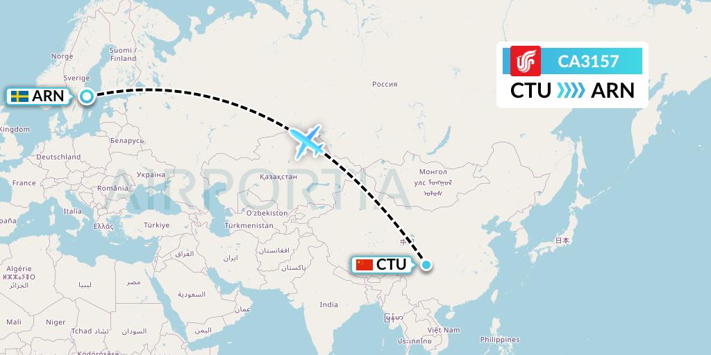 CA3157 Air China Flight Map: Chengdu to Stockholm