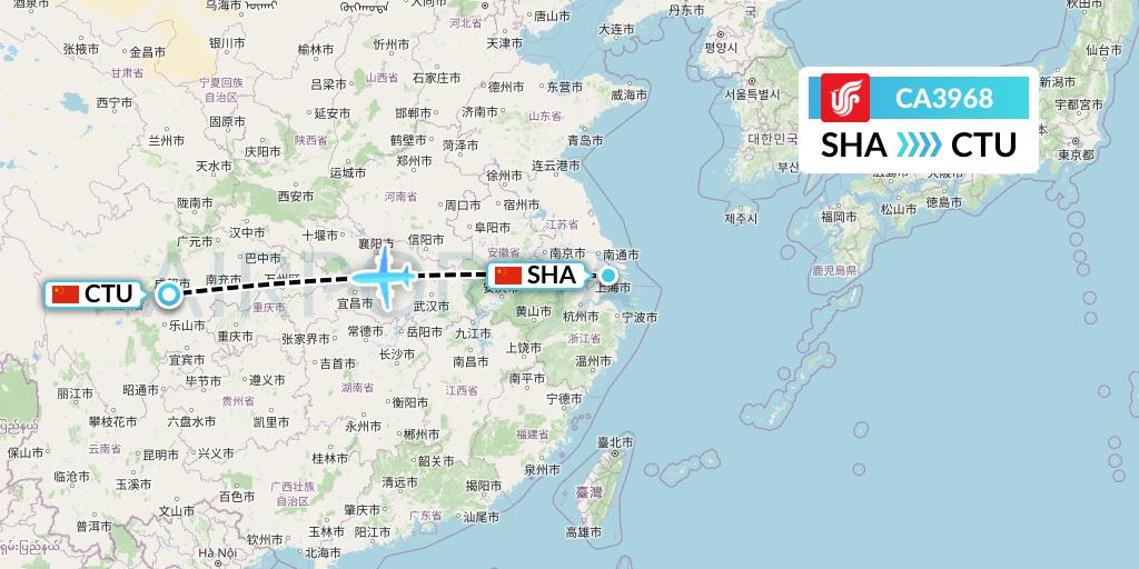 CA3968 Air China Flight Map: Shanghai to Chengdu