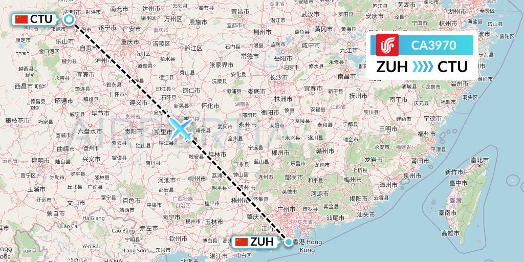 CA3970 Air China Flight Map: Zhuhai to Chengdu
