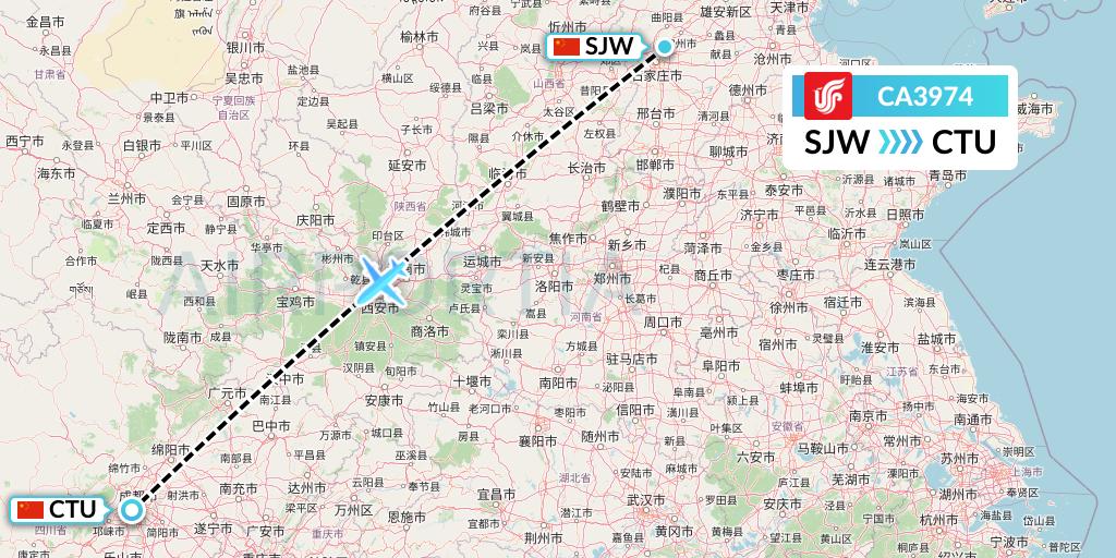 CA3974 Air China Flight Map: Shijiazhuang to Chengdu
