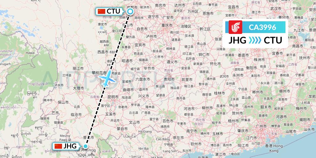 CA3996 Air China Flight Map: Jinghong to Chengdu