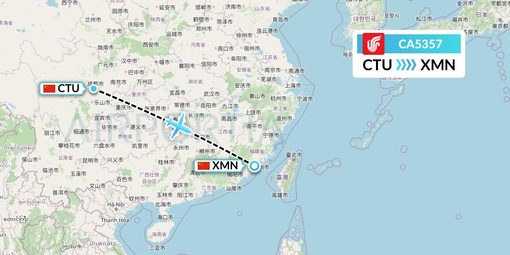 CA5357 Air China Flight Map: Chengdu to Xiamen
