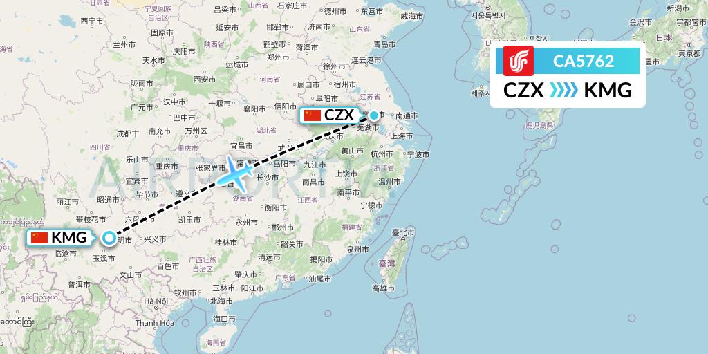CA5762 Air China Flight Map: Changzhou to Kunming