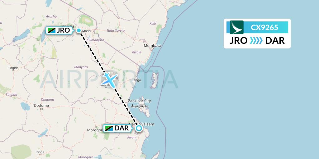 CX9265 Cathay Pacific Flight Map: Kilimanjaro to Dar-es-Salaam