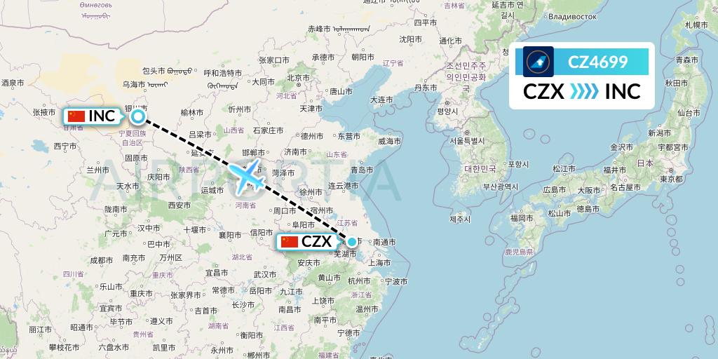 CZ4699 China Southern Airlines Flight Map: Changzhou to Yinchuan