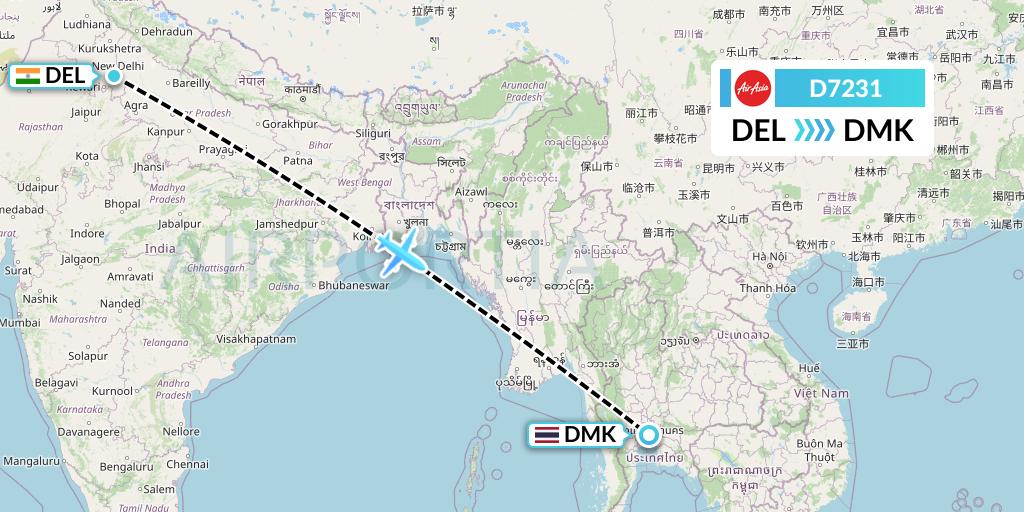 D7231 AirAsia X Flight Map: Delhi to Bangkok