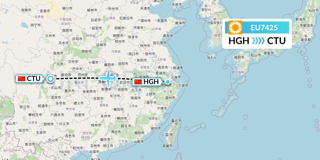 EU7425 Chengdu Airlines Flight Map: Hangzhou to Chengdu