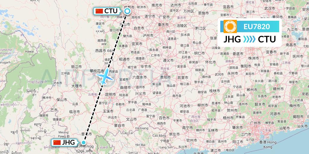 EU7820 Chengdu Airlines Flight Map: Jinghong to Chengdu