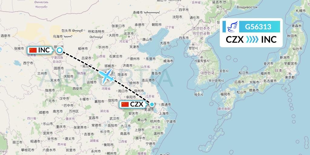 G56313 China Express Airlines Flight Map: Changzhou to Yinchuan