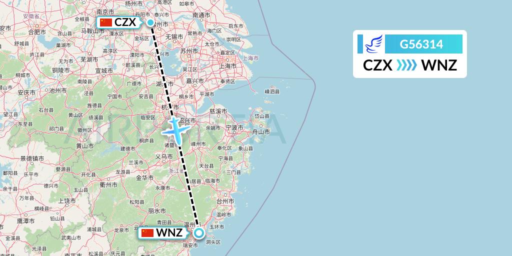 G56314 China Express Airlines Flight Map: Changzhou to Wenzhou