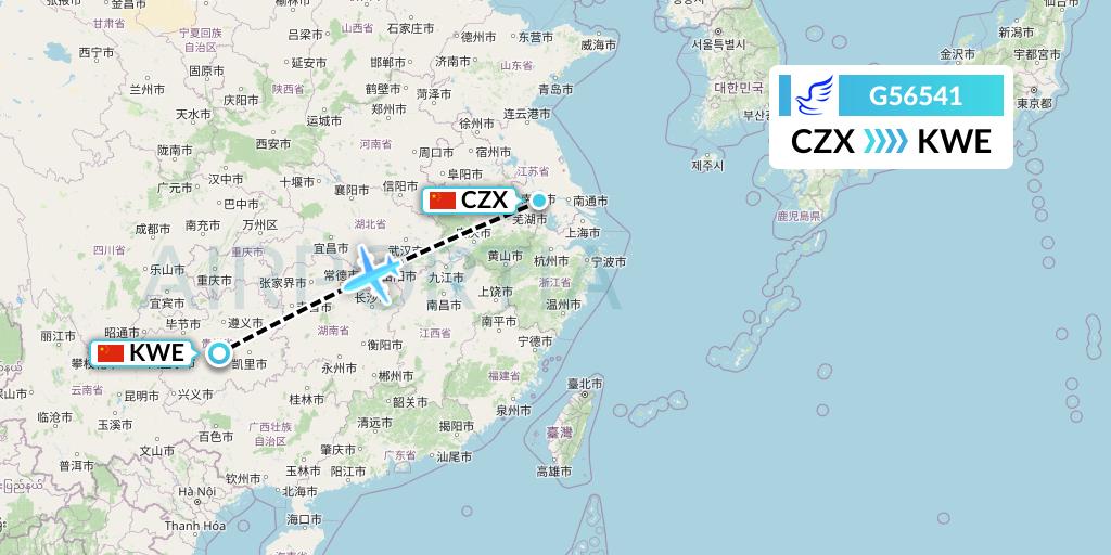 G56541 China Express Airlines Flight Map: Changzhou to Guiyang