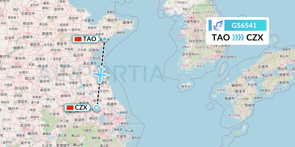 G56541 China Express Airlines Flight Map: Qingdao to Changzhou