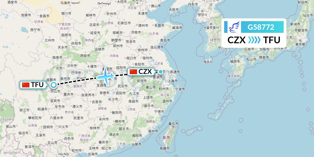 G58772 China Express Airlines Flight Map: Changzhou to Chengdu