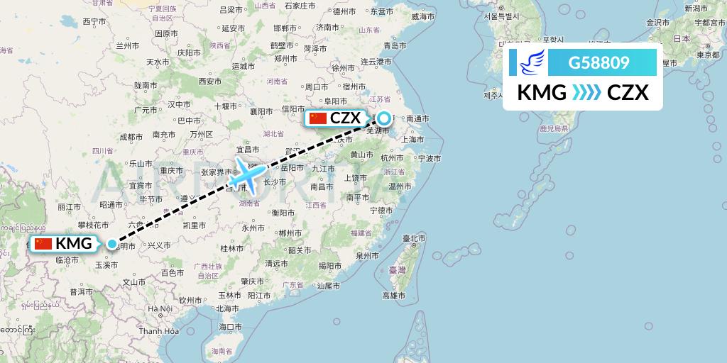 G58809 China Express Airlines Flight Map: Kunming to Changzhou