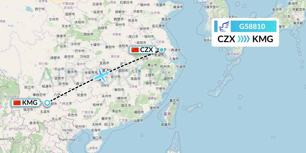 G58810 China Express Airlines Flight Map: Changzhou to Kunming