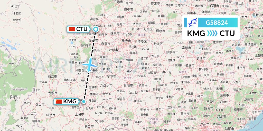 G58824 China Express Airlines Flight Map: Kunming to Chengdu