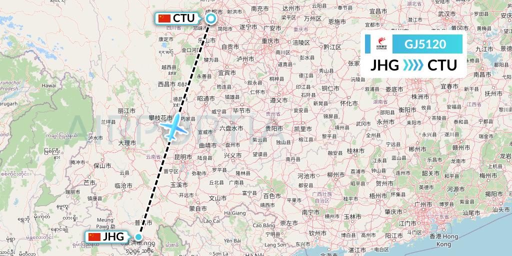 GJ5120 Loong Airlines Flight Map: Jinghong to Chengdu