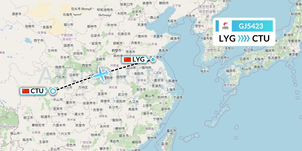 GJ5423 Loong Airlines Flight Map: Lianyungang to Chengdu