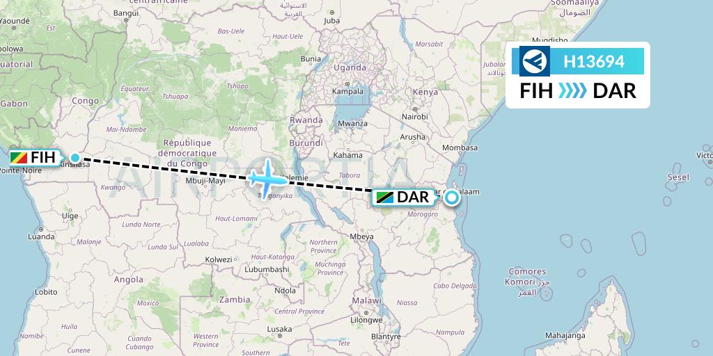 H13694 Hahn Air Systems Flight Map: Kinshasa to Dar-es-Salaam