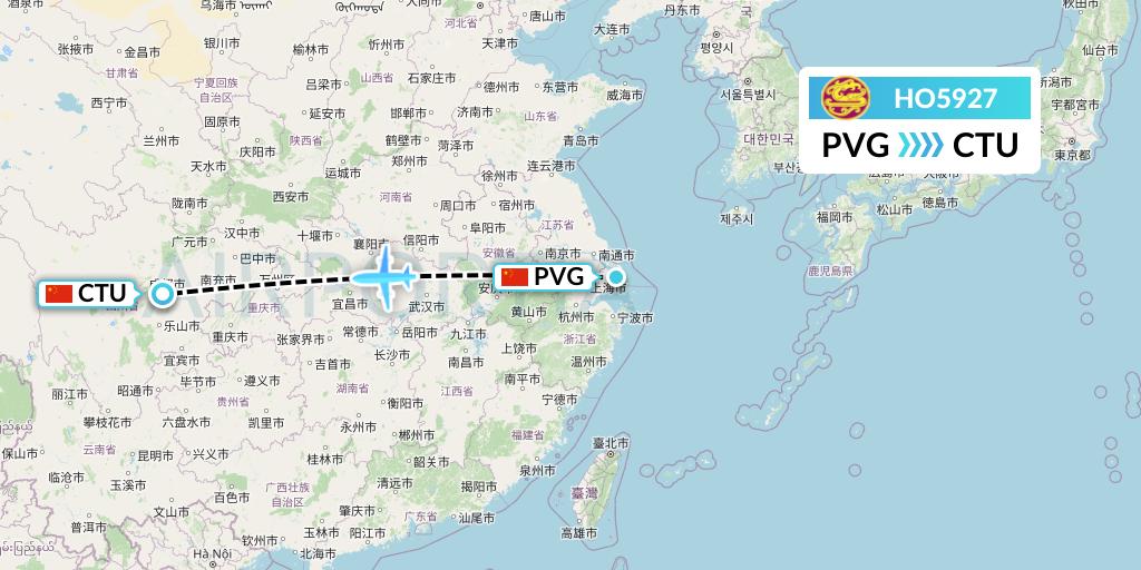 HO5927 Juneyao Airlines Flight Map: Shanghai to Chengdu