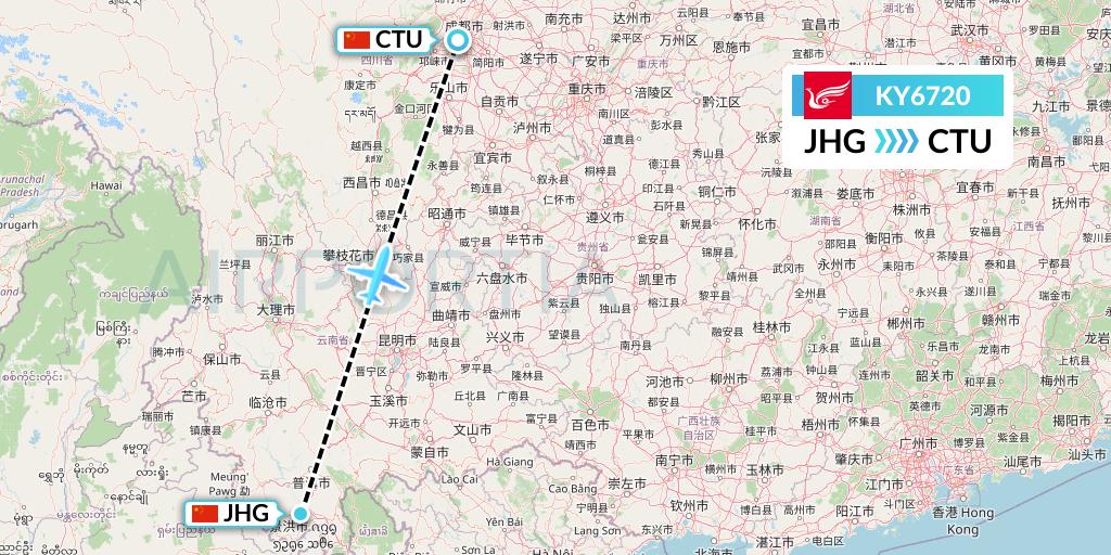 KY6720 Kunming Airlines Flight Map: Jinghong to Chengdu