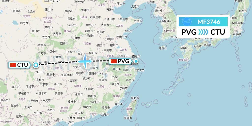 MF3746 Xiamen Airlines Flight Map: Shanghai to Chengdu