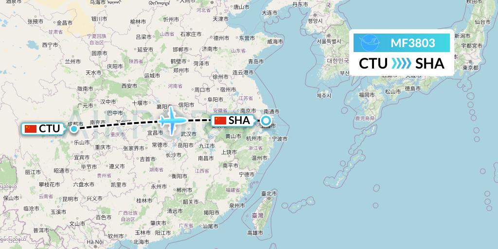MF3803 Xiamen Airlines Flight Map: Chengdu to Shanghai
