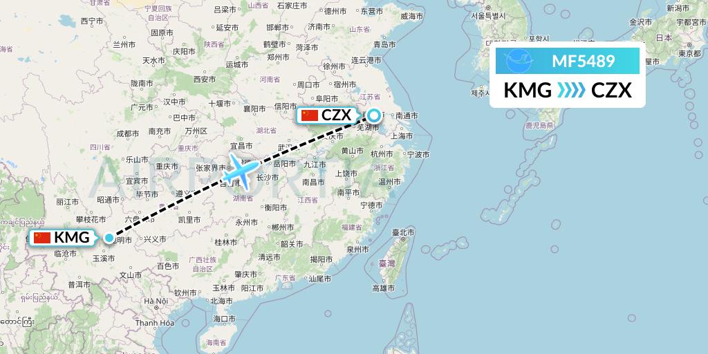 MF5489 Xiamen Airlines Flight Map: Kunming to Changzhou