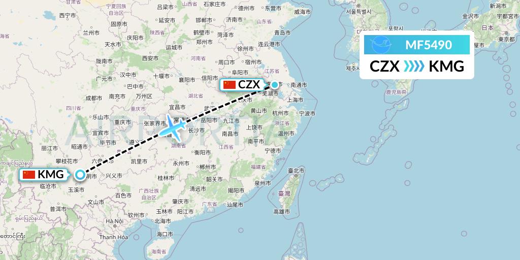 MF5490 Xiamen Airlines Flight Map: Changzhou to Kunming