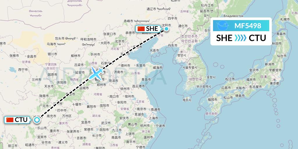 MF5498 Xiamen Airlines Flight Map: Shenyang to Chengdu