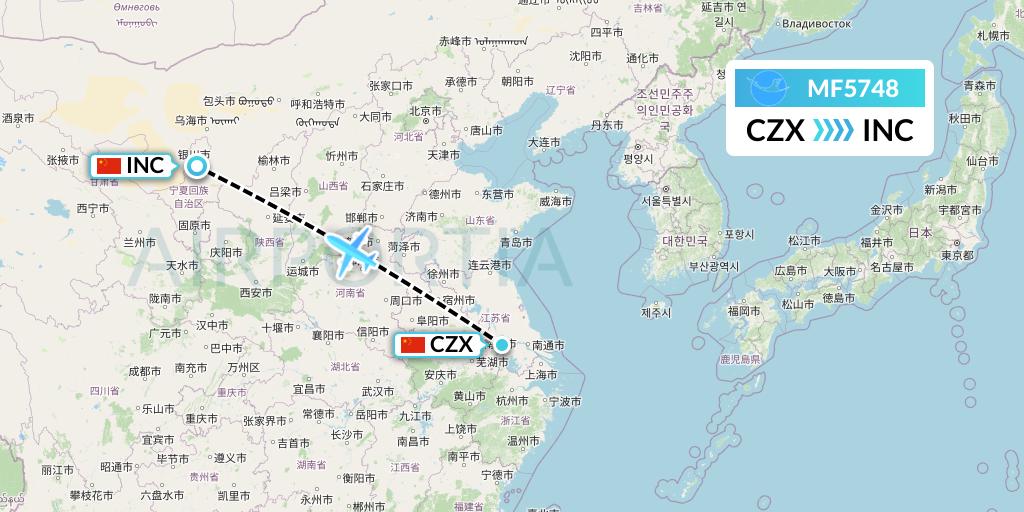 MF5748 Xiamen Airlines Flight Map: Changzhou to Yinchuan