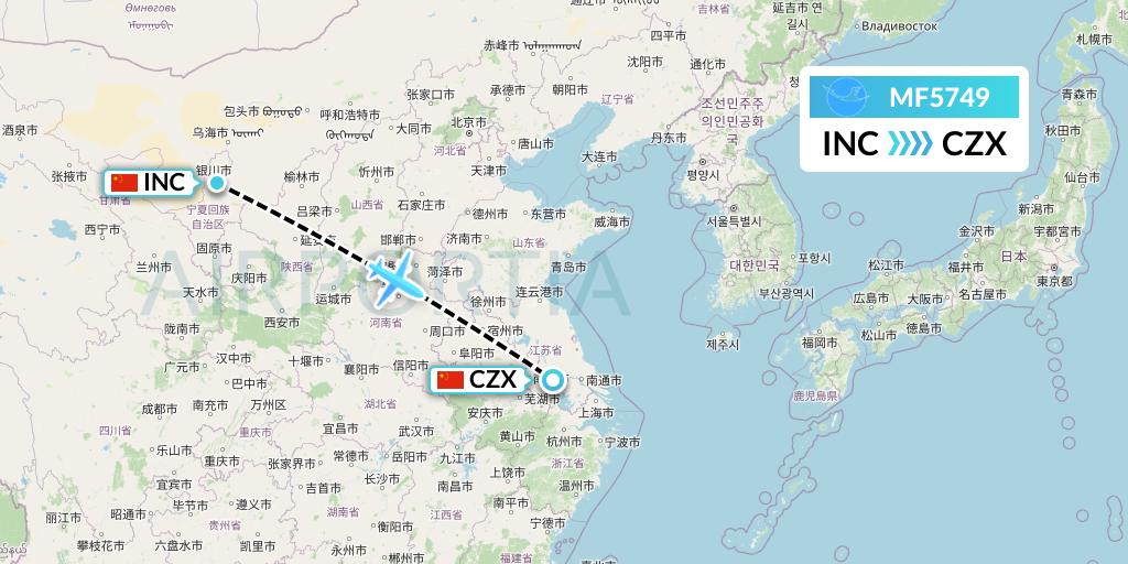 MF5749 Xiamen Airlines Flight Map: Yinchuan to Changzhou