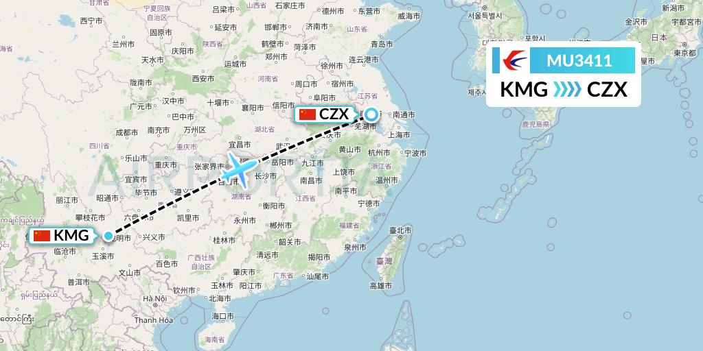MU3411 China Eastern Airlines Flight Map: Kunming to Changzhou