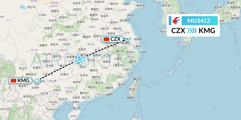 MU3412 China Eastern Airlines Flight Map: Changzhou to Kunming