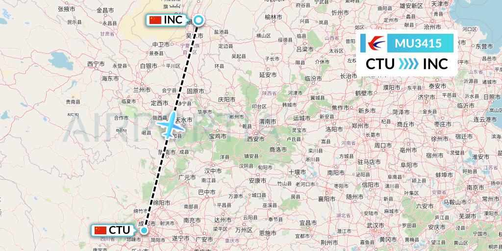 MU3415 China Eastern Airlines Flight Map: Chengdu to Yinchuan