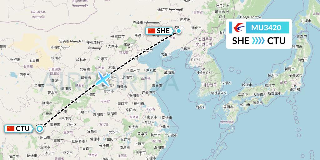 MU3420 China Eastern Airlines Flight Map: Shenyang to Chengdu