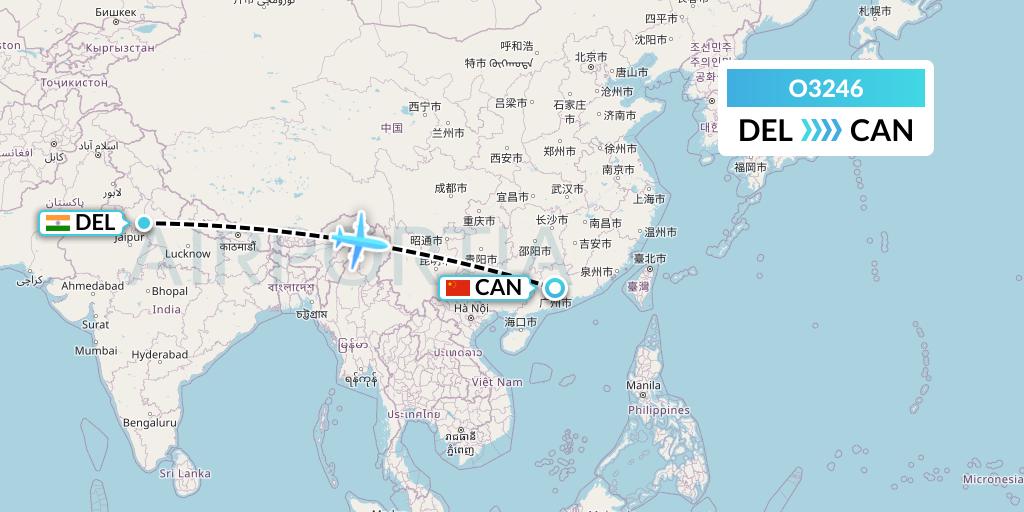 O3246 SF Airlines Flight Map: Delhi to Guangzhou