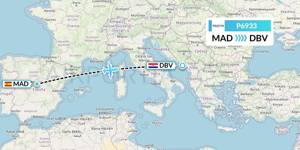 P6933 Pascan Aviation Flight Map: Madrid to Dubrovnik
