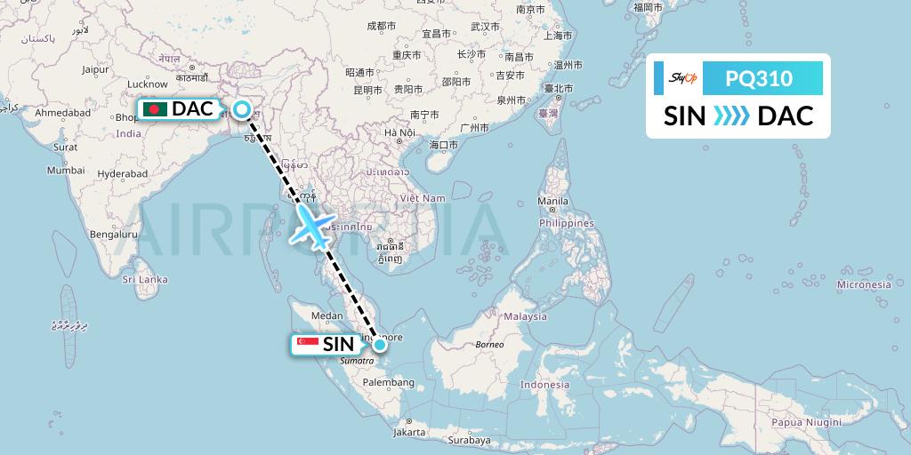 PQ310 SkyUp Airlines Flight Map: Singapore to Dhaka