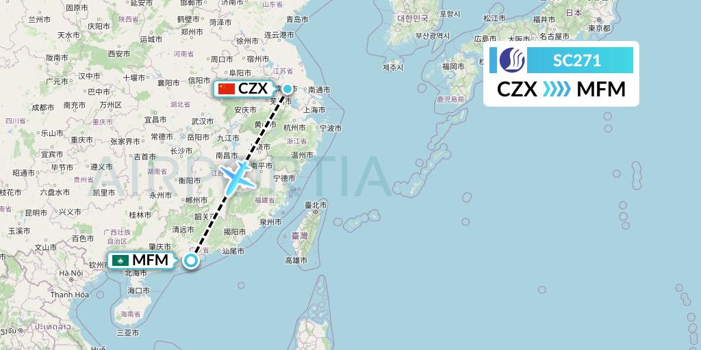 SC271 Shandong Airlines Flight Map: Changzhou to Macau