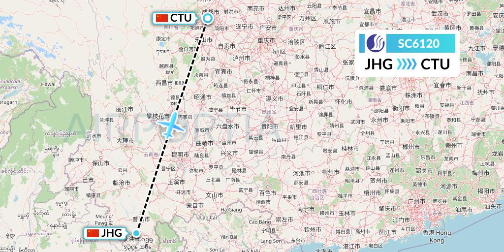 SC6120 Shandong Airlines Flight Map: Jinghong to Chengdu
