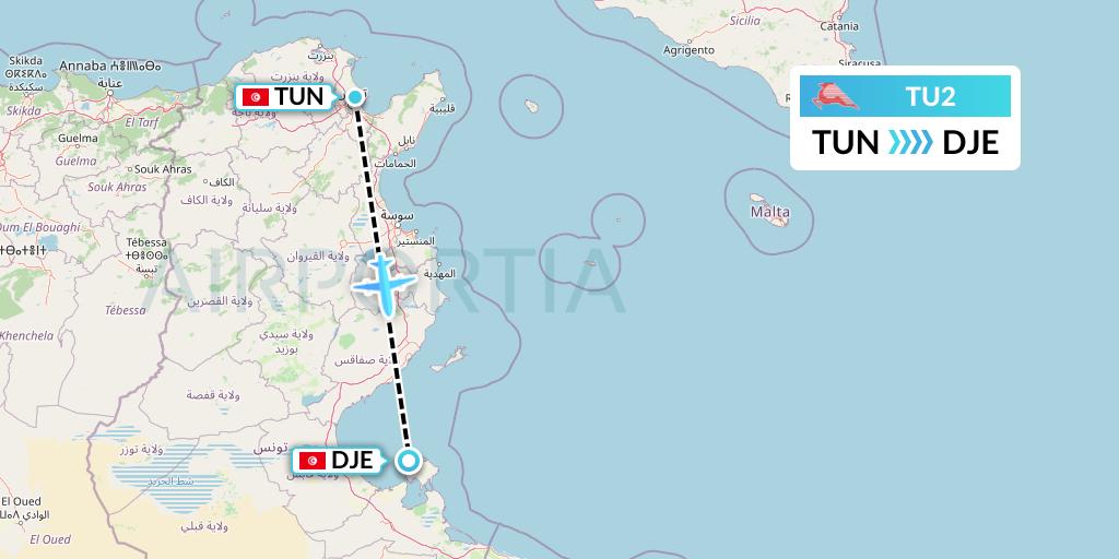 TU2 Tunisair Flight Map: Tunis to Djerba