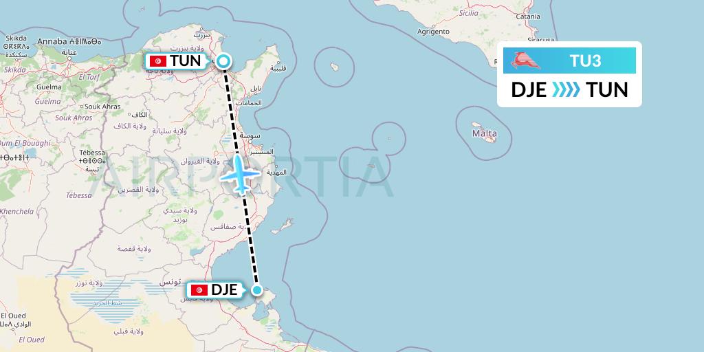 TU3 Tunisair Flight Map: Djerba to Tunis