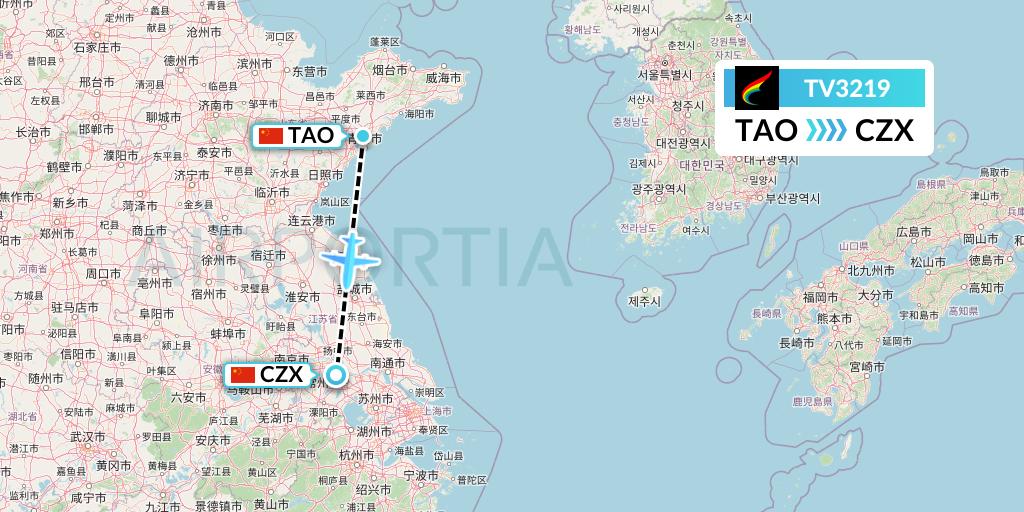 TV3219 Tibet Airlines Flight Map: Qingdao to Changzhou