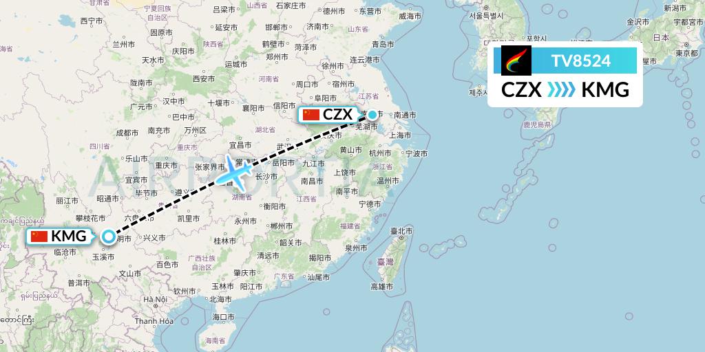 TV8524 Tibet Airlines Flight Map: Changzhou to Kunming