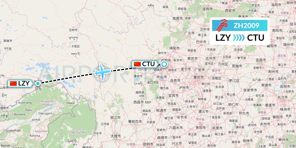 ZH2009 Shenzhen Airlines Flight Map: Nyingchi to Chengdu