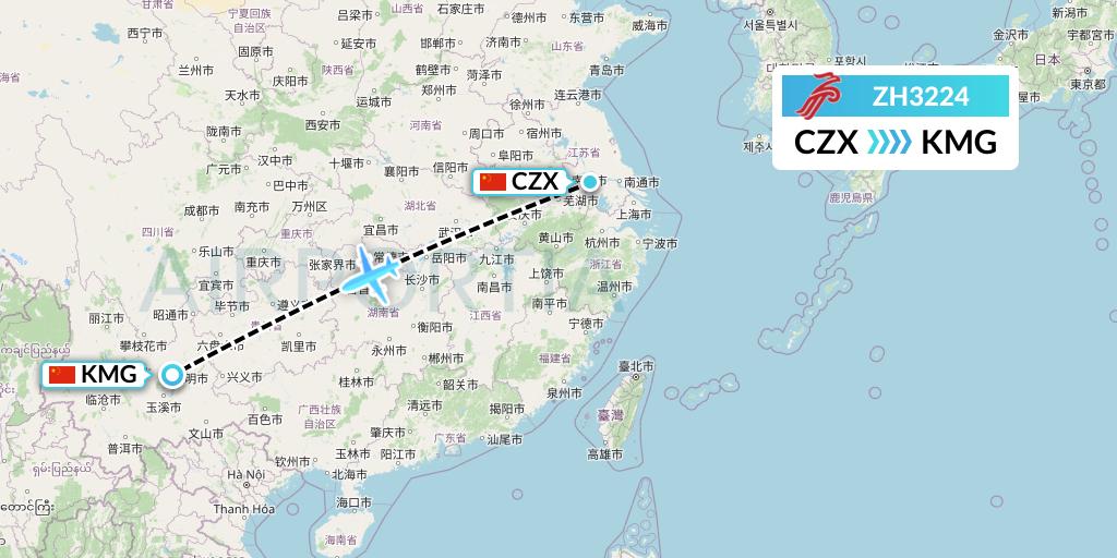ZH3224 Shenzhen Airlines Flight Map: Changzhou to Kunming