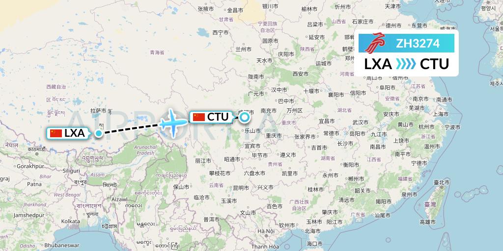 ZH3274 Shenzhen Airlines Flight Map: Lhasa to Chengdu