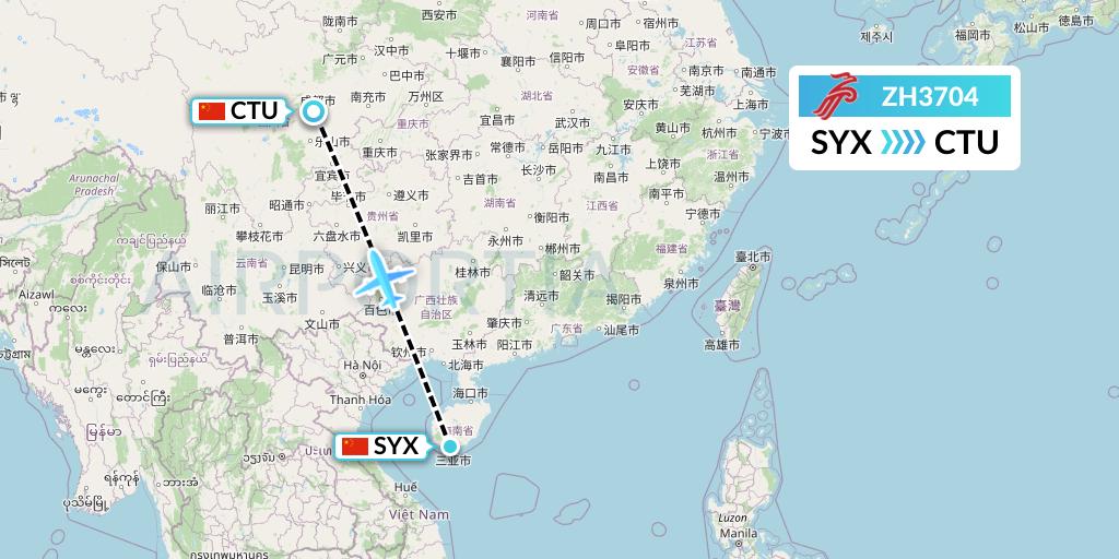 ZH3704 Shenzhen Airlines Flight Map: Sanya to Chengdu