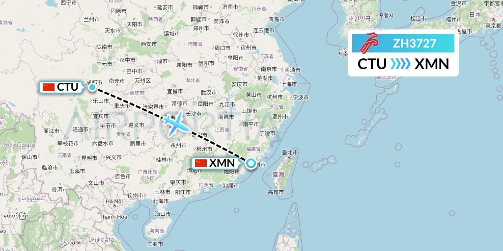 ZH3727 Shenzhen Airlines Flight Map: Chengdu to Xiamen